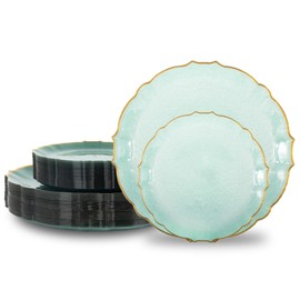 Lullaby 50pcs Clear Green Plastic Plates with Gold Rim, Fancy Disposable Plates include 25pcs Dinner Plate 10”, 25pcs Dessert Plate 7”, Perfect for Party, Wedding, Holiday