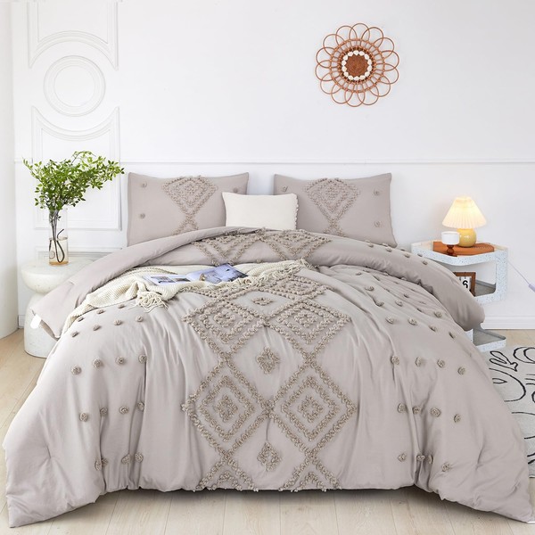 ZRNBAST Oatmeal Tufted Queen Comforter Set 3 Pieces Beige Grey