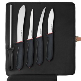HALSENX 6PCS Professional Butcher Knife Set - 1.4116 German Steel & Softgrip, 8" Butcher, 6" Semi-Flex/Stiff Boning, 5" Skinning, 8" Sharpener Rod & Knife Roll Bag for Home Kitchen, Camping, Hunting