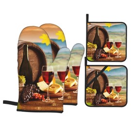Wine Themed Oven Mitts and Pot Holders Set of 4, Oven Mittens and Potholders Heat Resistant Gloves for Kitchen Cooking Baking Grilling BBQ