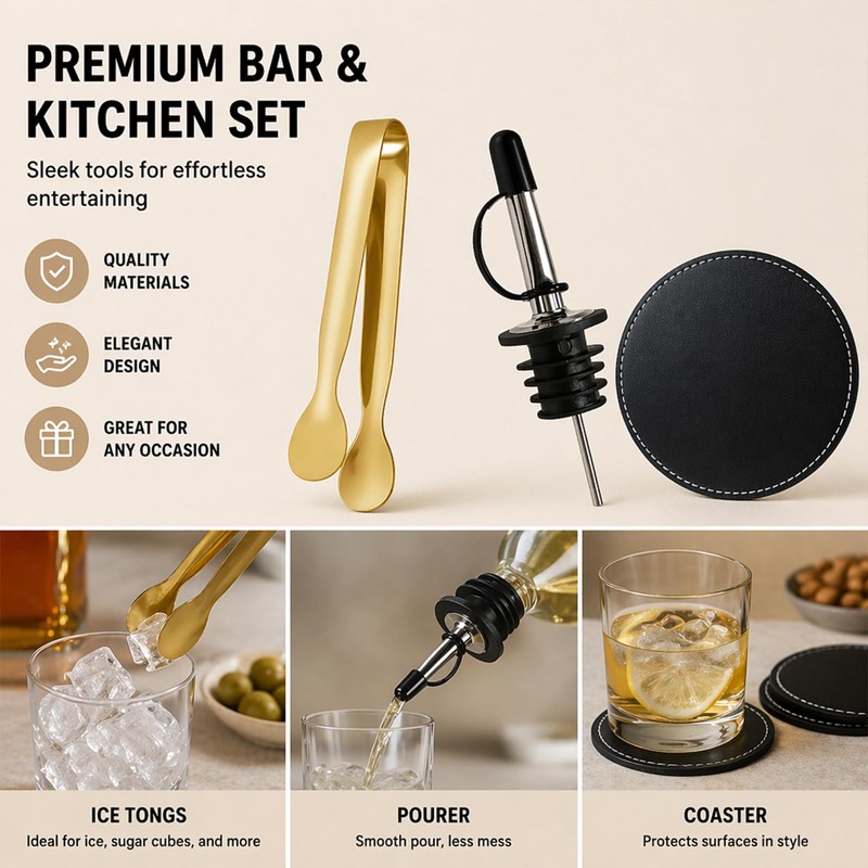 Wine Serving Set - Gold Tongs - Bottle Pourer -