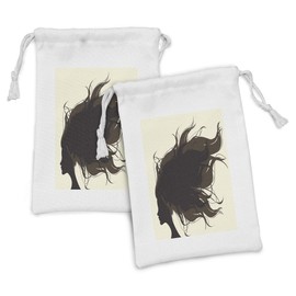 Ambesonne Hair Salon Fabric Pouch Set of 2, Silhouette of a Woman with Long Dark Color and Fuzzy Hair Style, Small Drawstring Bag for Toiletries Masks and Favors, 9" x 6", Black Taupe and Cream