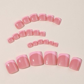 French Tip Press on Toenails Short Square Fake Toenails with Designs Artificial Acrylic Toenails Pink Glossy False Toenails Full Cover Glue on Toenails Nude Stick on Toenails for Women Manicure 24Pcs