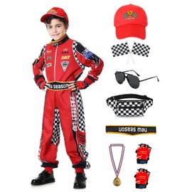 aicoaub Race Car Driver Costume Boys Racer Jumpsuit Kids with Sunglasses Cap Medals Waist Bag Flag for Toddler Carnival Dress up