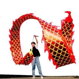 DSJUGGLING 3D Dragon Poi with 340g Weighted Ball & 1.1 Meters Swing Rope - Silk Flowy Shaking & Flinging Chinese Golden Dragon Ribbon Streamer + Travel Bag! (6 Meters (19.6 FT), Golden Red Dragon)