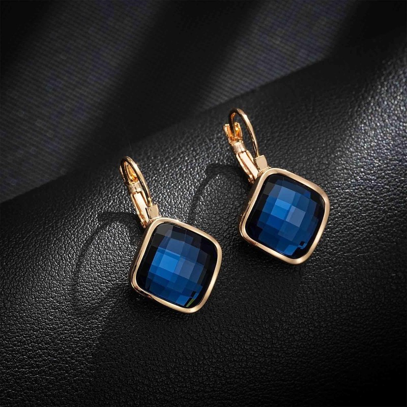 Austrian Crystal Square Drop Leverback Earrings for Women Fashion 14K
