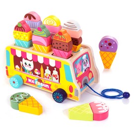 HELLOWOOD Wooden Ice Cream Truck, 28 pcs Magnetic Ice Cream Sweet Treats Pretend Play Food & Accessories, Montessori Sorting & Stacking Toys for Toddler Girls & Boys Age 2-5