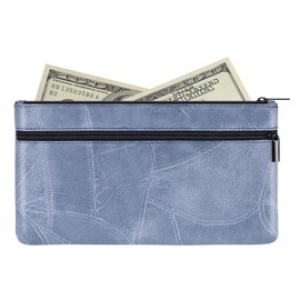 HAUTOCO Money Bag with Zipper 11 x 6.1 inch Embossed Deposit Money Pouch with Lined PU Leather Bank Bag Two Pockets Utility Wallet for Cash Check Receipt Coins Cosmetics, Pale Blue