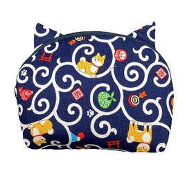 Kyoto Cat Pattern Pouch, Made in Japan, Japanese Pattern, Cotton, Cat Pattern, Pouch with Ears, Auskiya Shiba Inu Navy