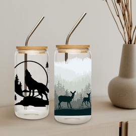 UV DTF Cup Wrap Sticker - 8 Sheets Animal UV DTF Transfer for 16 OZ Glass, Black Forest Style, Wolf, Deer, Giraffe, Elephant, Shark Design Rub on Transfer, Gifts for Students, Adults