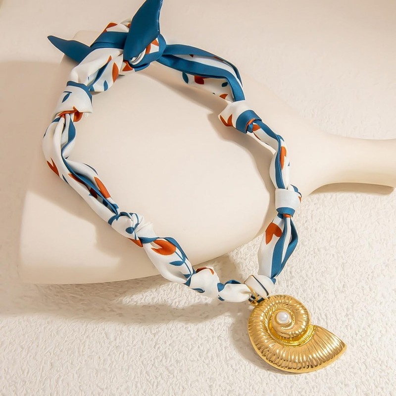Vanesseva Scarf Necklace with Shell Charm - Bandana Choker for