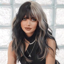 Ombre Half Silver Half Black Wig with Bangs for Women Short Bob Wavy Charming Synthetic Wigs with Natural Shoulder Length Curly Heat Resistant Hair for Daily Party Use