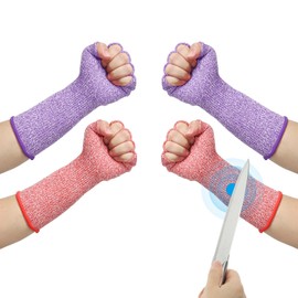 PATIKIL 12 Inch Cut Resistant Sleeves with Finger Grips, 2 Pair Forearm Protective Sleeves Level 5 Protection Arm Safety Protectors Sleeves for Thin Skin and Bruising, Purple/Red