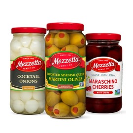 Mezzetta Cocktail Pack (3 Pack) | Martini Olives 10 Ounce, Cocktail Onions 16 Ounce & Maraschino Cherries 11 Ounce Jars