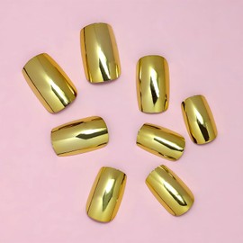 BFY Short Press on Nails Square, Gold Chrome Fake Nails, Mirror Metal Acrylic Nails Set Stick Glue on Nails, Shiny Glossy False Nails Elegant Women Girls Nail Accessories Decorations 24 Pcs