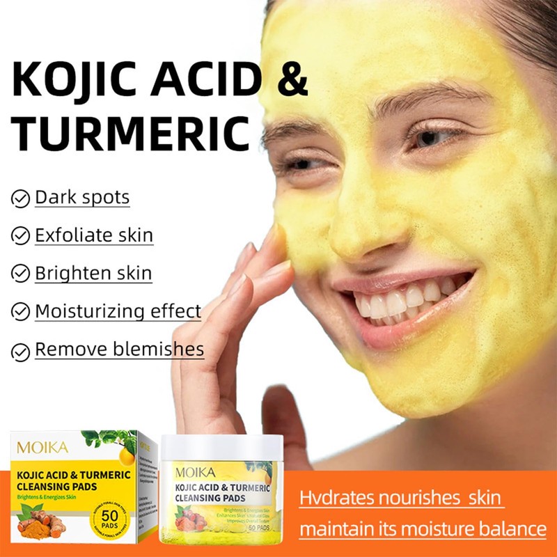 50Pcs Turmeric Kojic Acid Pads, Exfoliating Face Cleansing Cotton Pads,