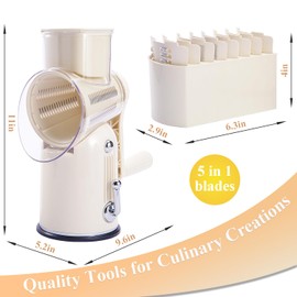 ENERGEVITY Manual Rotary Cheese Grater with Handle, 5 in 1 Replaceable Stainless Blades Cheese Shredder,Strong Suction Base Vegetable Slicer with Cleaning Brush & Bonus Storage Box for Blades (white)