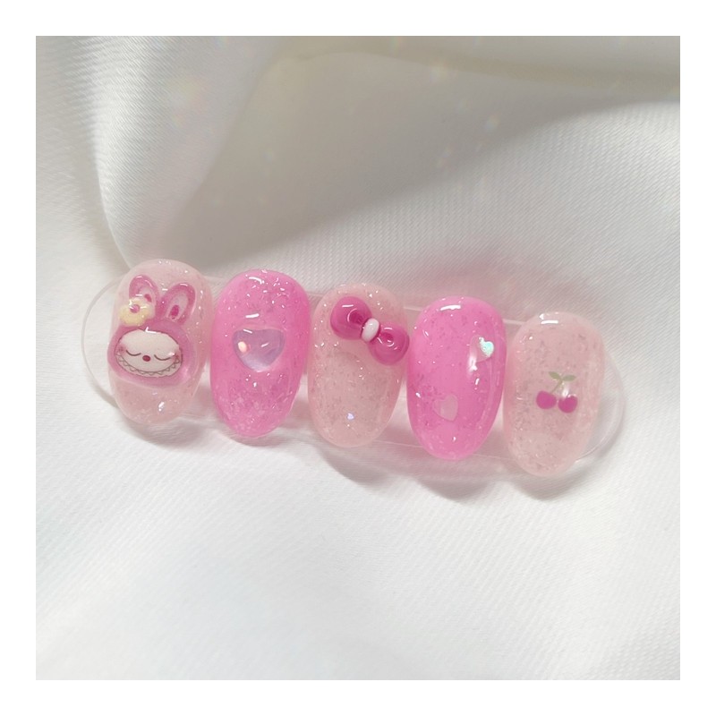 [Handmade Nail Tips] Pink Laburabu Nail Tips - Long Oval