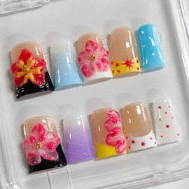 Handmade Press on Nails Short Duck 3D Floral Thick Acrylic Fake Nails French Tip False Nails with Flower Polka Dots Water Ripple Designs Nail Summer Sturdy Art Press on Nail 10Pcs(M)