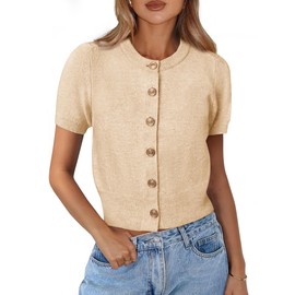 PRETTYGARDEN Womens Casual Summer Short Sleeve Cardigans 2025 Button Down Knitted Sweater Basic Crew Neck Crop Tops (Beige,Large)