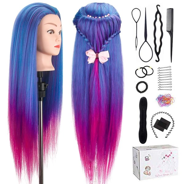 Mannequin Head with Hair, TopDirect 26" 100% Synthetic Fiber Training Head Manikin Cosmetology Hair Doll Head Styling Hairdressing Training Braiding Practice Heads with Clamp Holder and Tools