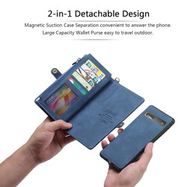 Simicoo Pixel 8A Wallet case, Pixel 8A Flip Leather case Card Slots Holder Zipper Purse Detachable Magnetic Cover Hand Strap Cash Pocket Pouch Wallet for Woman Man (Blue)