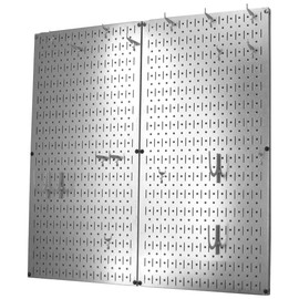 Wall Control Kitchen Pegboard Organizer Pots and Pans Storage Rack Organization Kit with Metallic Silver Pegboard and White Accessories