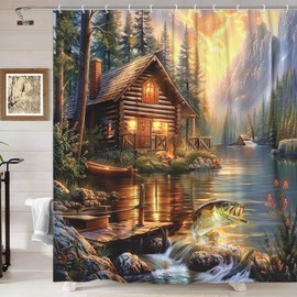 Rustic Cabin Shower Curtain for Bathroom, Country Lodge Bass Fish Lake Fishing RV Shower Curtain, Funny Farmhouse Hunting Camp Forest Nature Art Fisherman Shower Curtain with 12PCS Hooks,70X70IN