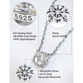 IMOLOVE Moissanite Pendant Necklace for Women, 1.5 Carat D Color Silver Pendant Necklaces for Women Trendy 4 Prong Round Cut Solitaire Necklaces for Women with 18K White Gold Plated
