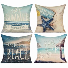 All Smiles Outdoor Decorative Beach Coastal Throw Pillow Covers 20x20 Set 4 Summer Nautical Patio Furniture Sunbrella Ocean Themed Decoration Cushion Starfish Accent Pillows for Daybed Couch Sofa