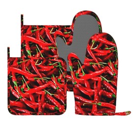 Red Chili Peppers Oven Mitts and Pot Holders Sets, 4pcs Silicone Non-Slip Kitchen Mitts Potholders Heat Resistant BBQ Gloves Hot Pads for Cooking Grilling Baking Microwave Chef Gifts Decor