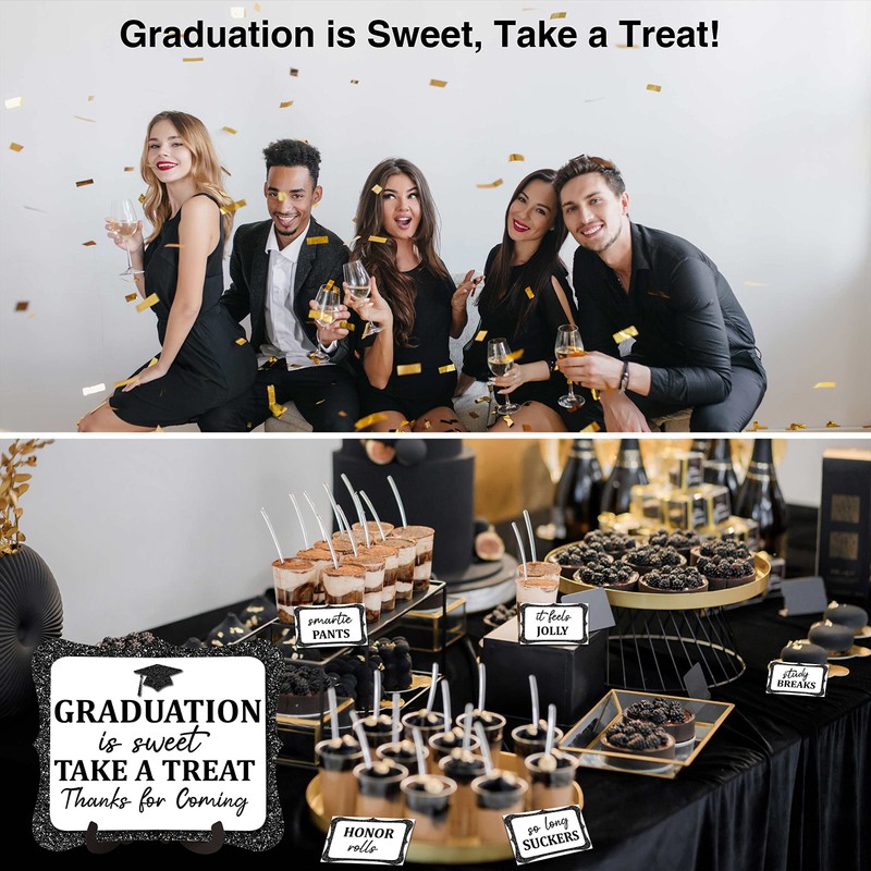 20PCS Candy Buffet Labels, 1 Black Glitter Graduation Table Sign
