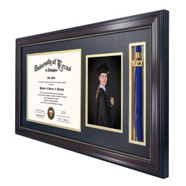 GraduationMall GraduationMall 11x22 Mahogany Diploma Frame with Tassel Holder and Picture for 8.5x11 Certificate 5x7 Photo,Real Glass,Black over Gold Mat