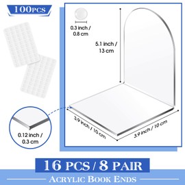 Leinuosen 16 Pcs Acrylic Book Ends Clear Acrylic Bookends with Silicone Pad Non Skid Book Holders Arch Shape Heavy Duty Bookends Book Stoppers for Book, Movies, CDs, Video Games (Clear)