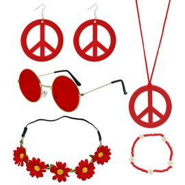 6 Pcs Hippie Accessories Set, Boho Peace Sign Daisy Flower 60s 70s Outfit Women Hippie Costume Accessories Disco Outfits Party Favors Decorations for Groovy Party Girls (Earth Tones-Dark Red)