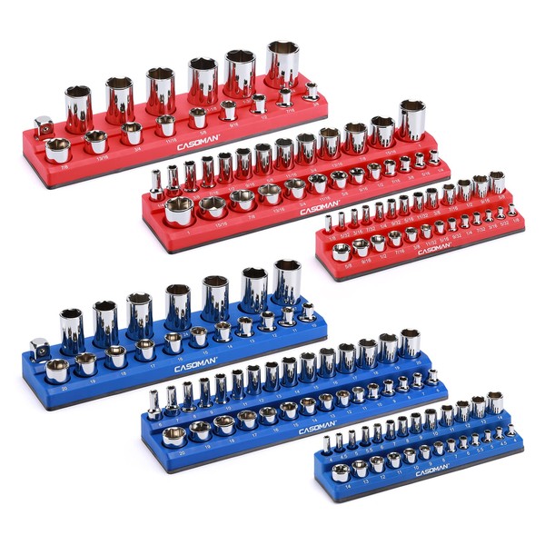 CASOMAN Magnetic Socket Organizer, 6 Piece Socket Holder Kit, 1/2-inch, 3/8-inch, 1/4-inch Drive, Holds 143 SAE&Metric Sockets, Red & Blue, Professional Quality Tools Organizer