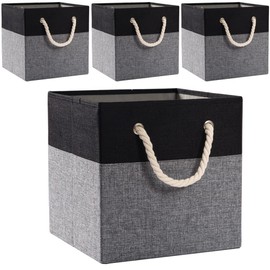 PRANDOM Large Foldable Cube Storage Bins 13x13 inch [4-Pack] Fabric Linen Storage Baskets Cubes Drawer with Cotton Handles Organizer for Shelves Nursery Closet Bedroom Black