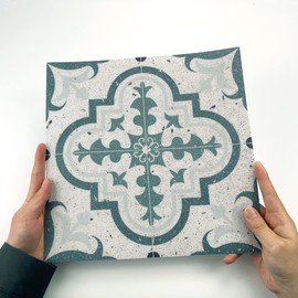 4 Pcs Peel and Stick Frosted Vinyl Floor Tiles Sticker for Kitchen Bathroom, Waterproof Backsplash Sticker Wall Tile Stickers, 12x12inch/30x30cm, Cement Green Portuguese