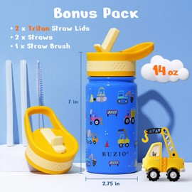 BUZIO 14 oz Kids Water Bottle with Straw Lid, Vacuum Insulated Stainless Steel Metal Thermo Bottles for Toddlers Girls Boys Leak Proof BPA-Free & Lead-Free Flask for School, Blue Construction Car