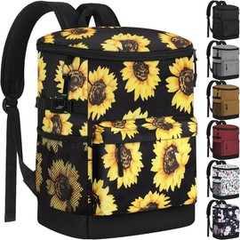 Cooler Backpack Insulated Waterproof 30 Cans, Ice Chest Backpack Cooler for Men Women Leak Proof Soft Side Camping Beach Hiking Fishing Lunch Picnic Cooler Bag - Color: Sunflower Floral, Size: 17L-30 Cans
