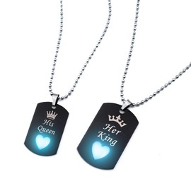 ATLVXJL King and Queen Hand in Hand Couples Luminous Necklaces Stainless Steel Dog Tags Chain His & Hers Matching Jewelry Gifts for Valentine's Day, Stainless Steel, Zircon