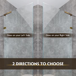 LukLoy Fixed Glass Shower Panel Wall to Glass Support Bar, Frameless Glass Clamp L Shape Stabilizer Mounting Bracket, No-Drill-in-Glass. (Glass on Right, Gold)