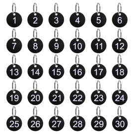 sourcing map Number Key Tags 1-30, 30 Pcs 35mm Round Number Tags Plastic Numbered Keychains for Dormitory Keys House Lockers, Black
