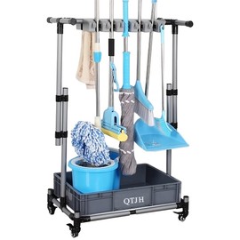 Japard Rolling Cart for Wet Mop, Broom and Mop Holder with Wheels, Cleaning Supplies Organizer Janitor Carts, Garden, Office, Home, School