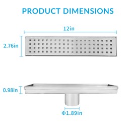 12 Inch Removable Cover Linear Shower Drain 304 Stainless Steel Rectangular Floor Drain for Kitchen Bathroom Square Hole Pattern Drain with Accessories Hair Strainer Adjustable Leveling Feet (Silver)