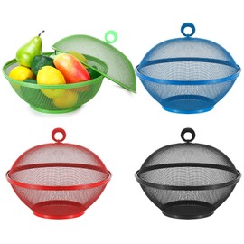 Havawish 4 Pcs Mesh Fruit Basket with Lid, Stainless Steel Fruit Cover 11 Inches Fruit Bowl Metal Wire Fruit Holder Strainers Kitchen Accessories for Food Vegetable, Red Blue Green Black