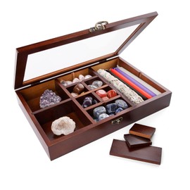 Mooncraftlogy Adjustable Rock Display Case, Crystal Collection Box with Shelves, Wood Witchy Stones Organizer Storage,Gem Holder with Lid for Seashell, Collectibles, Wiccan Gift (Brown)