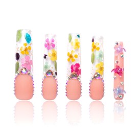 LOVFUL Uñas Postizas Flora | Hechas A Mano Con Cristales Recubiertos | Uñas Reutilizables De Cobertura Total | Cuadradas De 5,6 Cm De Largo | H176-L