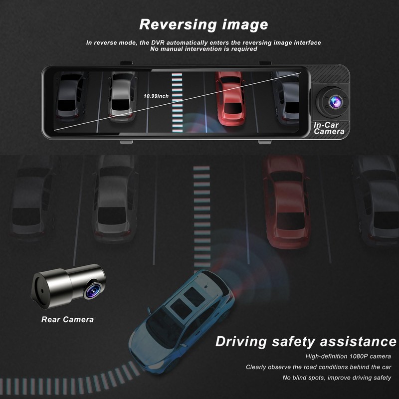 11‘’ Rear View Mirror Triple Channel Dash Cam,Touch Screen, CarPlay