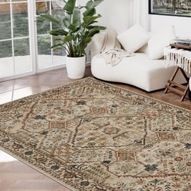 Joydeco 6x9 Area Rugs for Living Room, Non Slip Machine Washable Vintage Rug, Low Pile Chenille Print Rugs for Bedroom, Dining Room, Home Office, Pet & Child Friendly, Tan